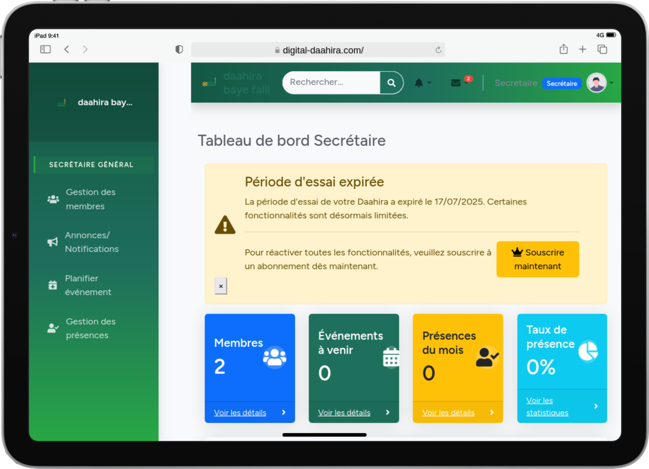 Interface Secrétaire Tablette