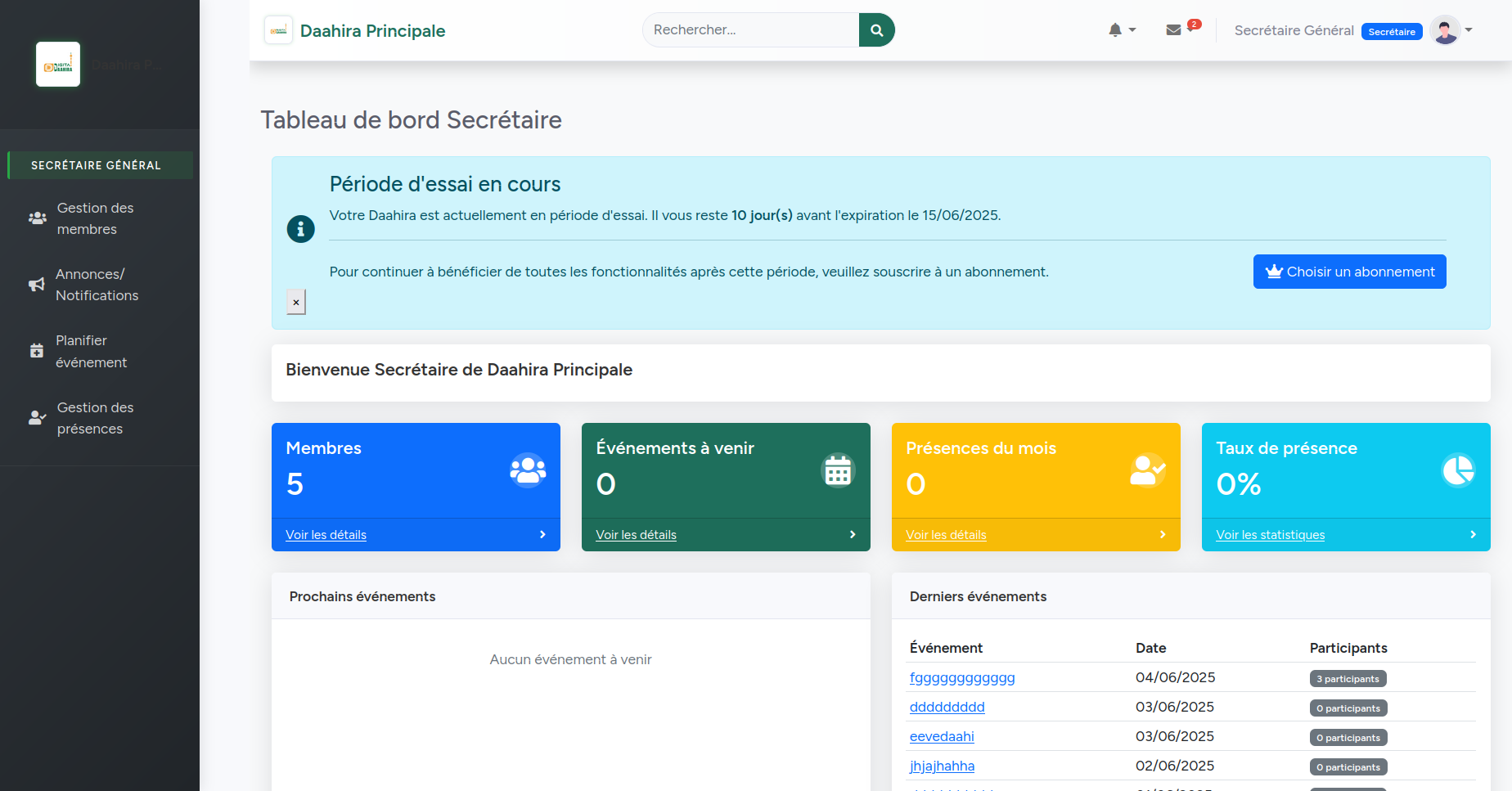 Interface Secrétaire